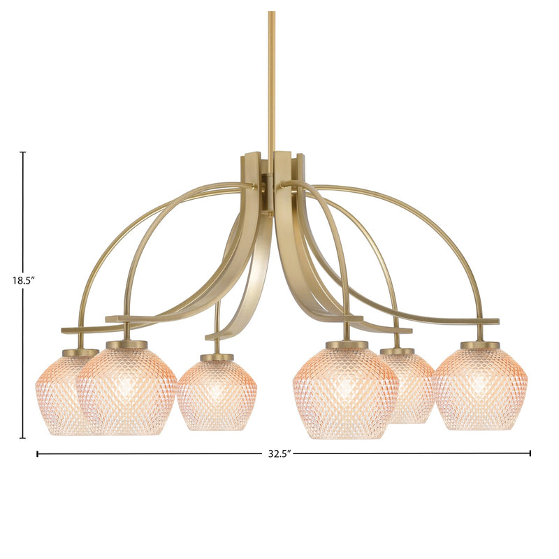 Toltec Cavella 32.5in 6-Light Downlight Chandelier | Modern New Age Brass Steel and Amber Textured Glass | Dining Room & Kitchen Island | Model 3926-NAB-4623