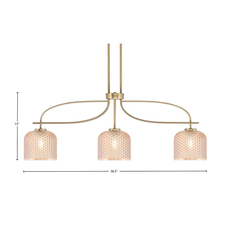 Toltec Cavella 38.5in 3-Light Island Light | New Age Brass Steel and Amber Textured Glass | Kitchen Island & Dining Table | 38.5 x 6 x 13 in | Model 3936-NAB-4613