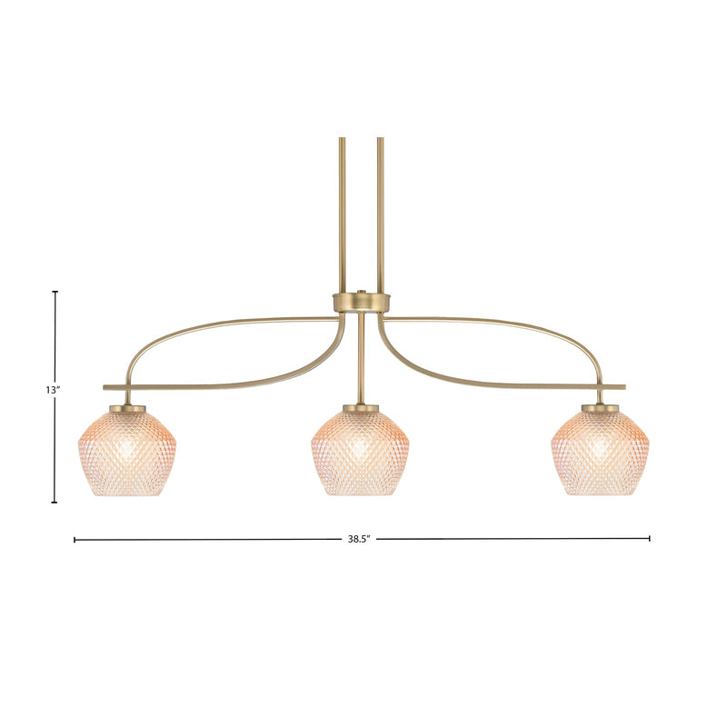 Toltec Cavella 32.5in 3-Light Island Light | New Age Brass Steel and Amber Textured Glass | Kitchen Island | 32.5 x 18.5 in | Model 3936-NAB-4623