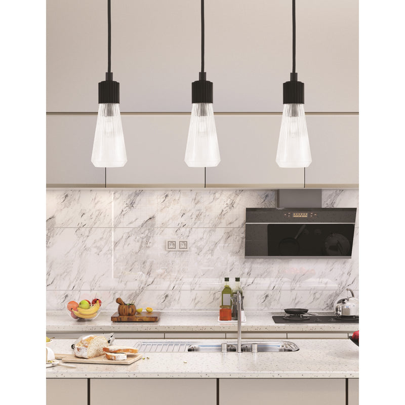 Toltec Everleigh 4in 1-Light Mini Pendant | Industrial Matte Black Steel and Clear Ribbed Glass | Kitchen Island & Dining Room | 4 x 10 in | Model 4802-MB-880