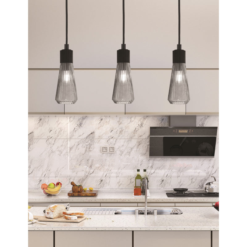 Toltec Everleigh 4in 1-Light Mini Pendant | Industrial Matte Black Steel and Smoke Ribbed Glass | Kitchen Island & Dining Room | 4 x 10 in | Model 4802-MB-882