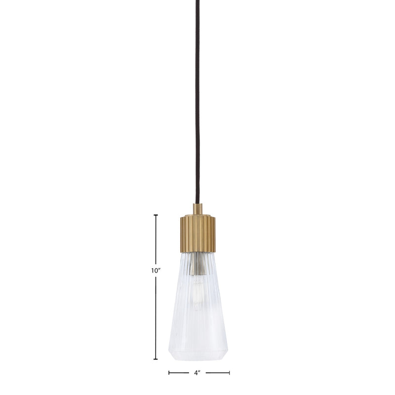 Toltec Everleigh 4in 1-Light Mini Pendant | Contemporary New Age Brass and Clear Ribbed Glass | Kitchen Island & Dining Room | 4 x 10 in | Model 4802-NAB-880