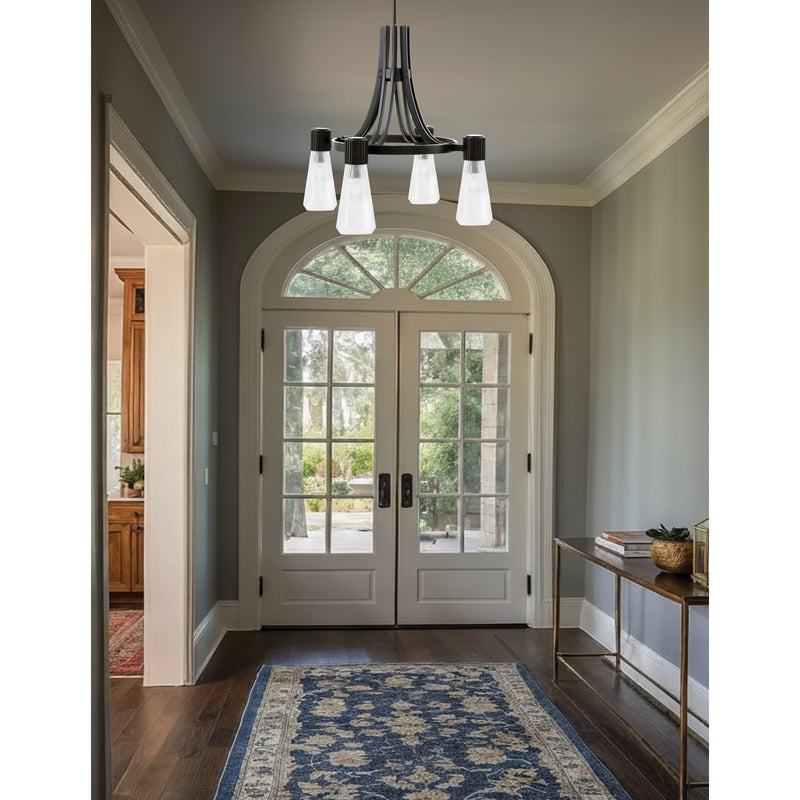 Toltec Everleigh 24in 4-Light Chandelier | Industrial Matte Black and Clear Ribbed Glass | Dining Room & Kitchen | 24 x 24 x 23 in | Model 4814-MB-880