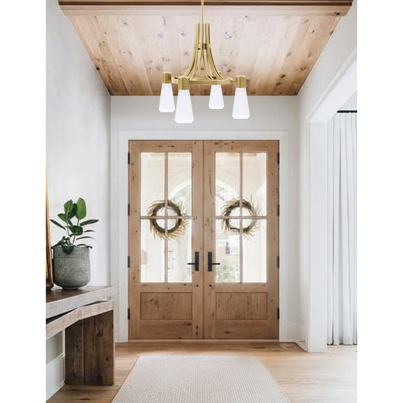 Toltec Everleigh 24in 4-Light Chandelier | New Age Brass and White Opal Ribbed Glass | Dining Room & Kitchen | 24 x 23 in | Model 4814-NAB-881