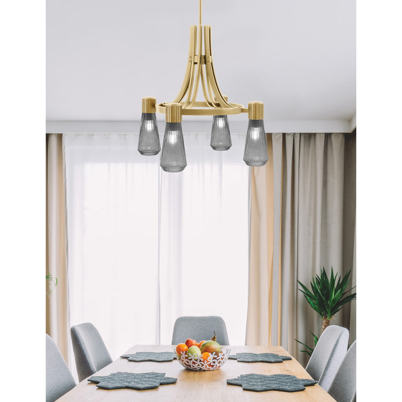 Toltec Everleigh 24in 4-Light Chandelier | New Age Brass and Smoke Ribbed Glass | Dining Room & Living Room | 24 x 23 in | Model 4814-NAB-882