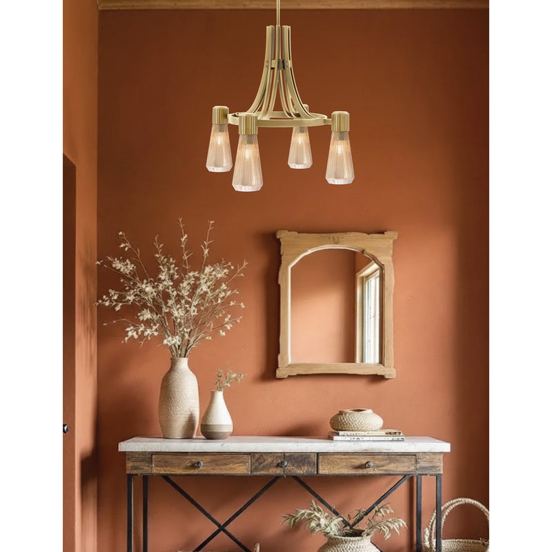 Toltec Everleigh 24in 4-Light Chandelier | New Age Brass and Amber Ribbed Glass | Dining Room & Kitchen | 24 x 23 in | Model 4814-NAB-883