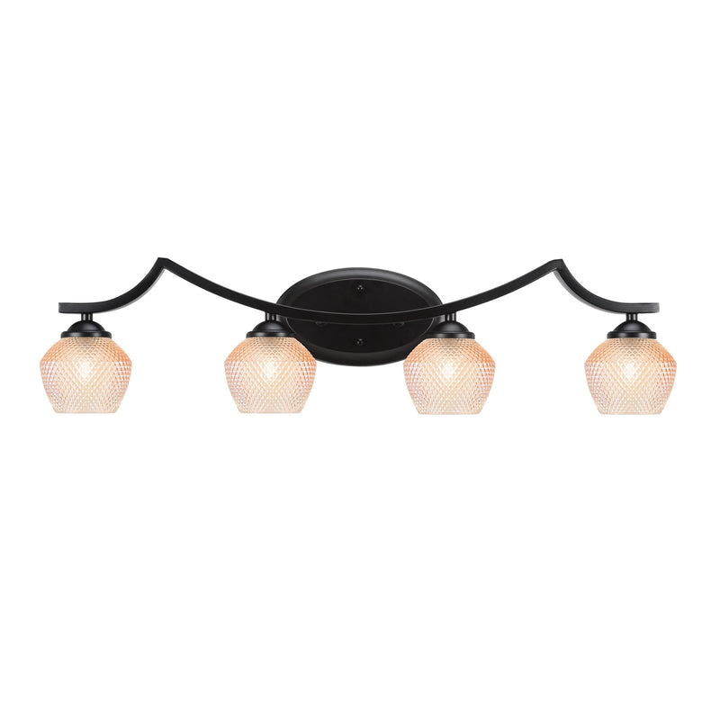 Toltec Zilo 31.5in 4-Light Bath Bar | Industrial Matte Black Steel and Amber Textured Glass | Bathroom Vanity | 31.5 x 9 x 8.75 in | Model 554-MB-4623