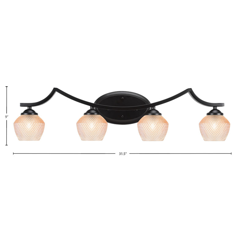 Toltec Zilo 31.5in 4-Light Bath Bar | Industrial Matte Black Steel and Amber Textured Glass | Bathroom Vanity | 31.5 x 9 x 8.75 in | Model 554-MB-4623