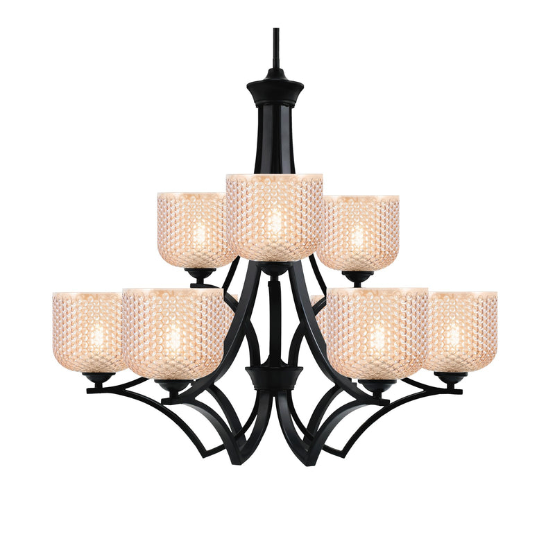 Toltec Zilo 30in 9-Light Uplight Chandelier | Industrial Matte Black Steel and Amber Textured Glass | Dining Room & Foyer | 30 x 30 x 28 in | Model 569-MB-4613