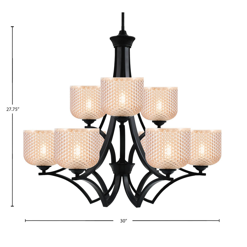 Toltec Zilo 30in 9-Light Uplight Chandelier | Industrial Matte Black Steel and Amber Textured Glass | Dining Room & Foyer | 30 x 30 x 28 in | Model 569-MB-4613