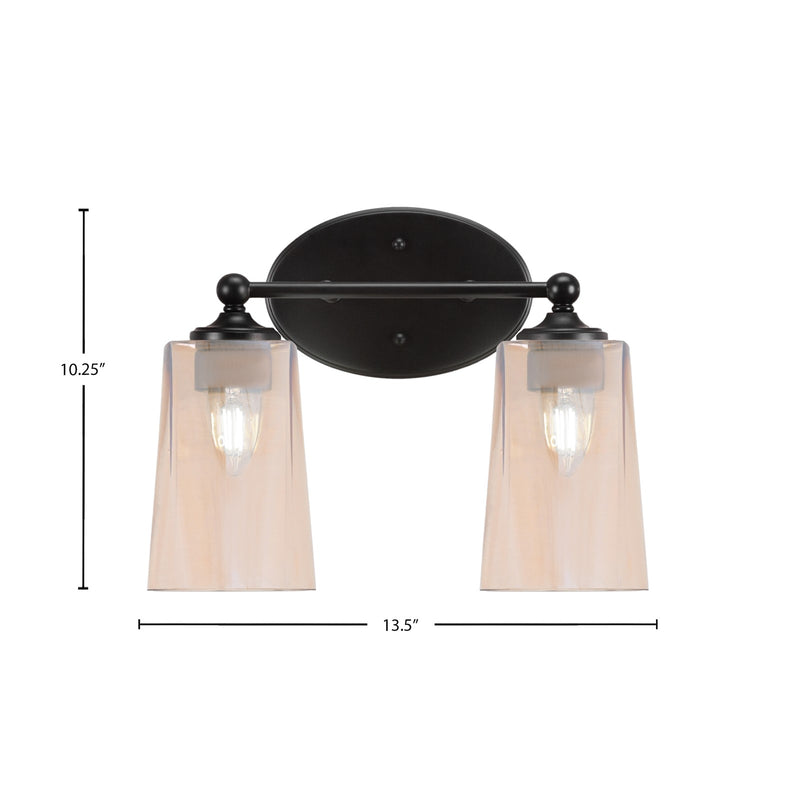 Toltec Capri 2-Light Bath Bar | Modern Matte Black Steel and Amber Gradient Glass | Bathroom Vanity & Powder Room | 7.5 x 10.25 in | Model 5912-MB-263