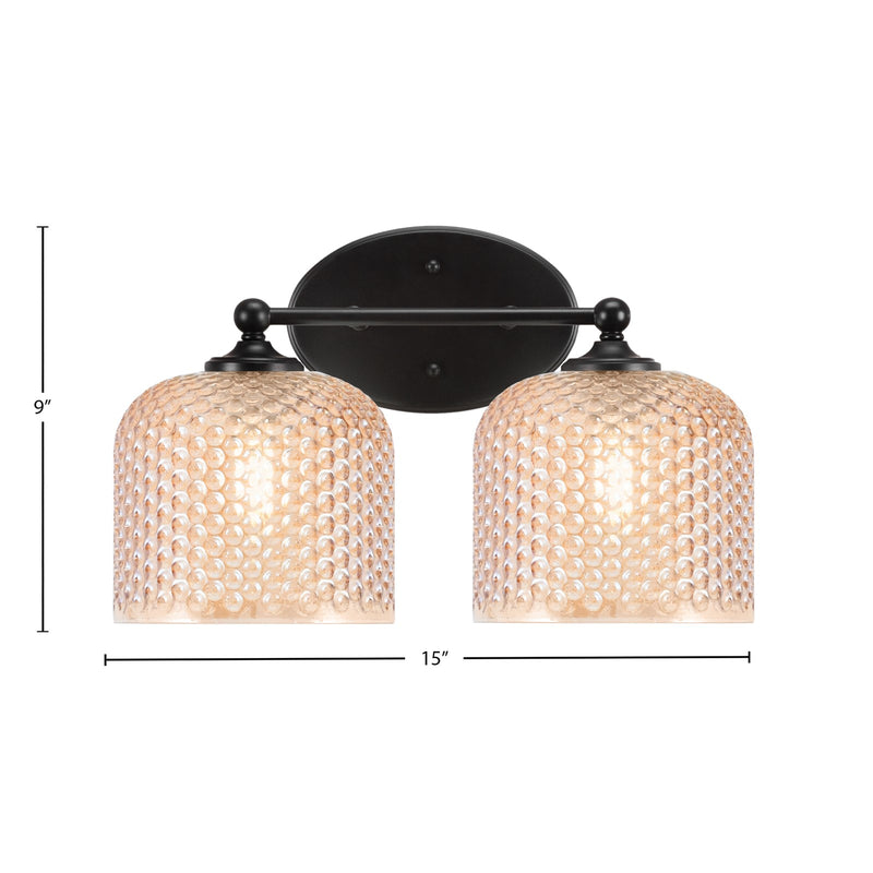 Toltec Capri 15in 2-Light Bath Bar | Modern Matte Black Steel and Amber Textured Glass | Bathroom Vanity Light | 15 x 9 x 8.25 in | Model 5912-MB-4613