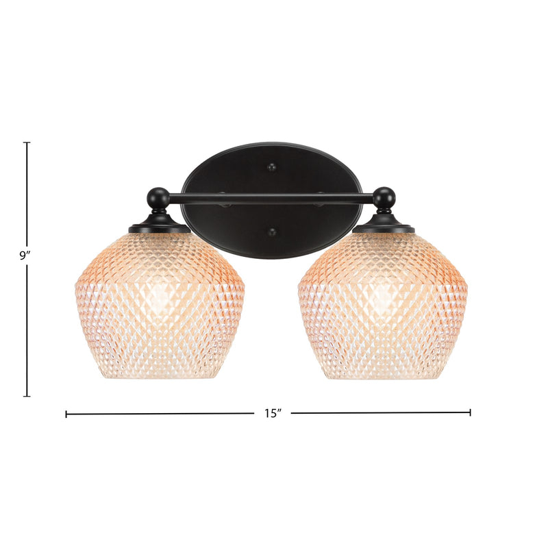 Toltec Capri 15in 2-Light Bath Bar | Modern Matte Black Steel and Amber Textured Glass | Bathroom Vanity Lighting | 15 x 9 x 8.25 in | Model 5912-MB-4623
