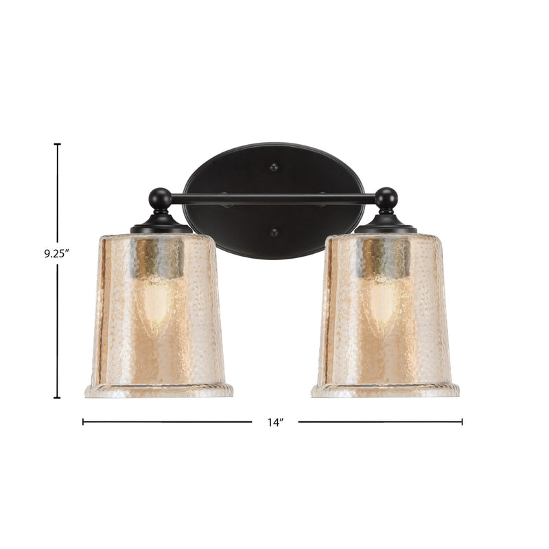 Toltec Capri 2-Light Bath Bar | Modern Matte Black Steel and Amber Bubble Glass | Bathroom Vanity & Powder Room | 8.25 x 9.25 in | Model 5912-MB-5033
