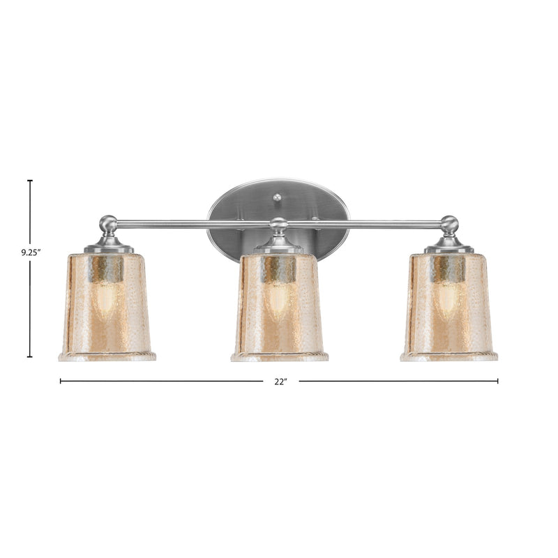 Toltec Capri 3-Light Bath Bar | Brushed Nickel and Amber Bubble Glass | Bathroom & Powder Room Vanity Light | 8.25 x 9.25 in | Model 5913-BN-5033