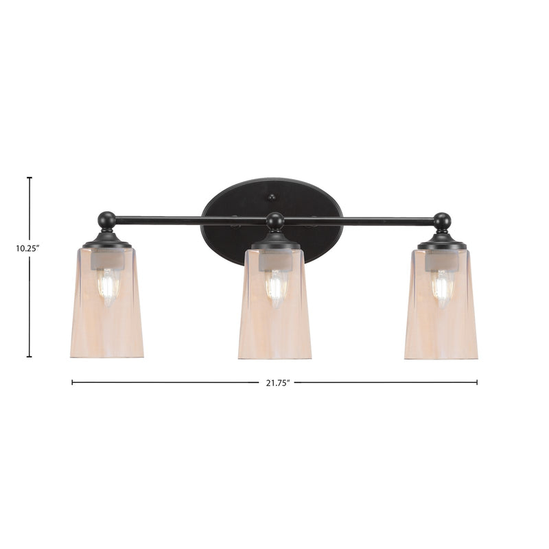 Toltec Capri 3-Light Bath Bar | Modern Matte Black Steel and Amber Gradient Glass | Bathroom Vanity & Powder Room | 7.5 x 10.25 in | Model 5913-MB-263