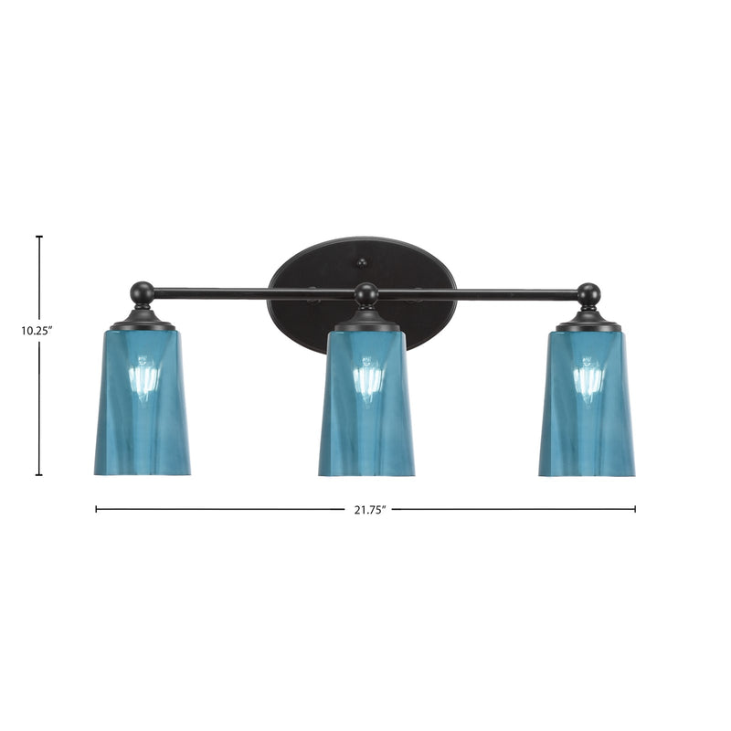 Toltec Capri 3-Light Bath Bar | Modern Matte Black Steel and Blue Gradient Glass | Bathroom Vanity & Powder Room | 7.5 x 10.25 in | Model 5913-MB-265