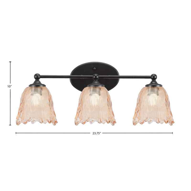 Toltec Capri 3-Light Bath Bar | Modern Matte Black Steel and Amber Lava Glass | Bathroom Vanity Light | 8.75 x 10 in | Model 5913-MB-4233