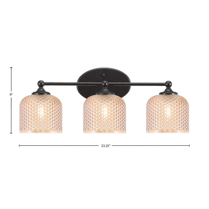 Toltec Capri 23.25in 3-Light Bath Bar | Modern Matte Black Steel and Amber Textured Glass | Bathroom Vanity Light | 23.25 x 9 x 8.25 in | Model 5913-MB-4613