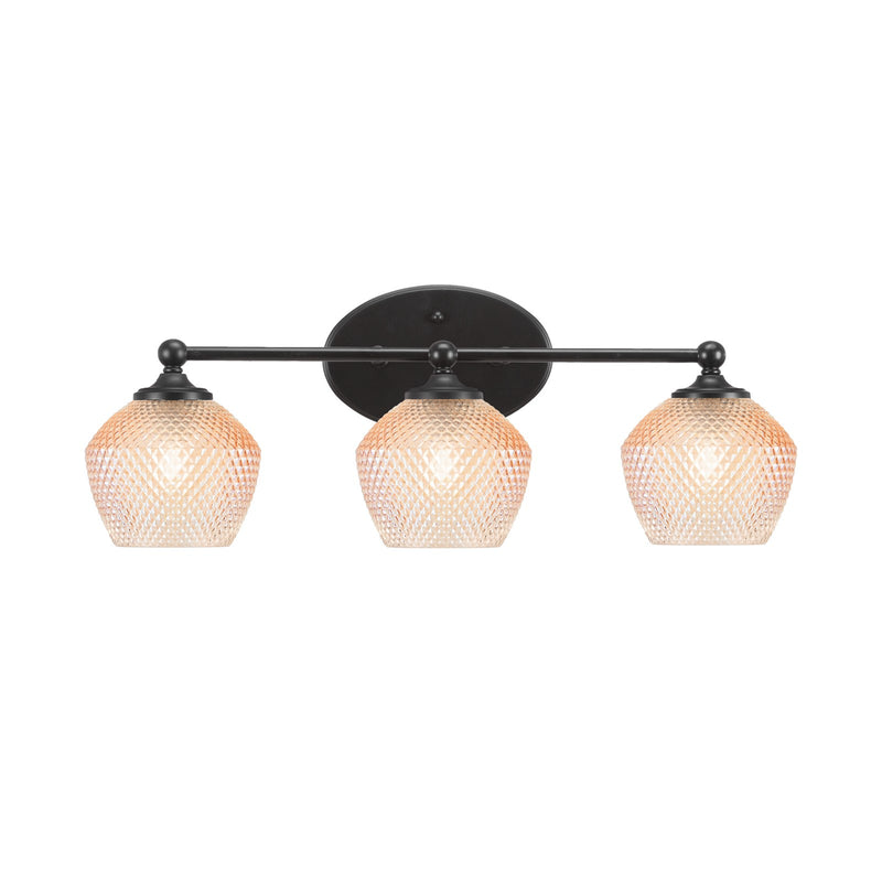 Toltec Capri 23.25in 3-Light Bath Bar | Modern Matte Black Steel and Amber Textured Glass | Bathroom Vanity Lighting | 23.25 x 9 x 8.25 in | Model 5913-MB-4623