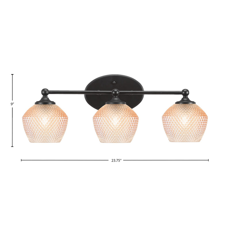 Toltec Capri 23.25in 3-Light Bath Bar | Modern Matte Black Steel and Amber Textured Glass | Bathroom Vanity Lighting | 23.25 x 9 x 8.25 in | Model 5913-MB-4623
