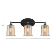 Toltec Capri 3-Light Bath Bar | Modern Matte Black Steel and Amber Bubble Glass | Bathroom Vanity Light | 8.25 x 9.25 in | Model 5913-MB-5033