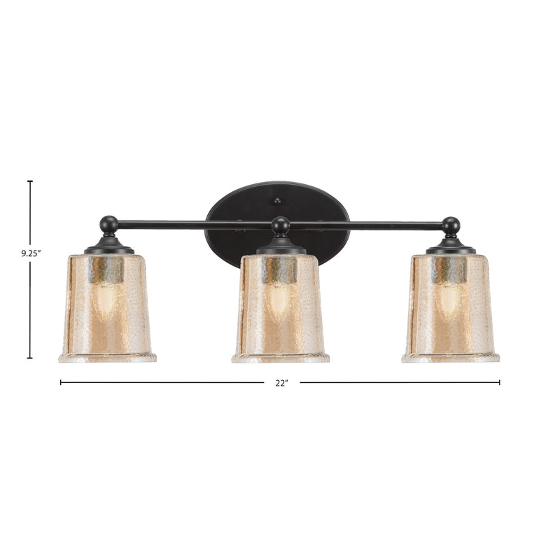 Toltec Capri 3-Light Bath Bar | Modern Matte Black Steel and Amber Bubble Glass | Bathroom Vanity Light | 8.25 x 9.25 in | Model 5913-MB-5033