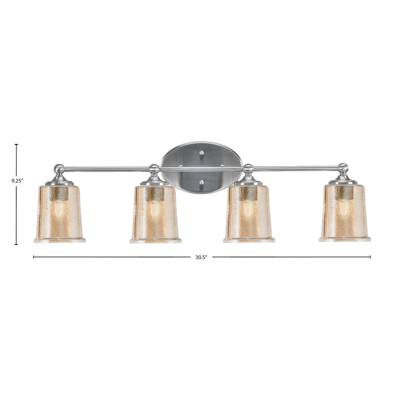 Toltec Capri 4-Light Bath Bar | Contemporary Brushed Nickel and Amber Bubble Glass | Bathroom & Powder Room Vanity Light | 8.25 x 9.25 in | Model 5914-BN-5033