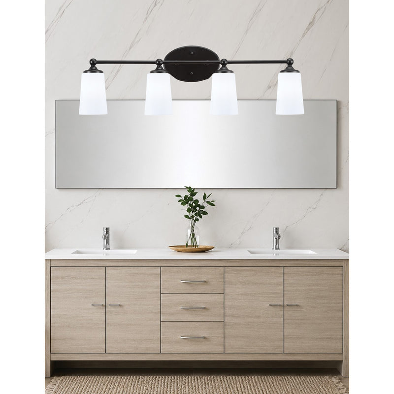 Toltec Capri 4-Light Bath Bar | Matte Black and White Opal Glass | Bathroom & Powder Room Vanity | 7.5 x 10.25 in | Model 5914-MB-261
