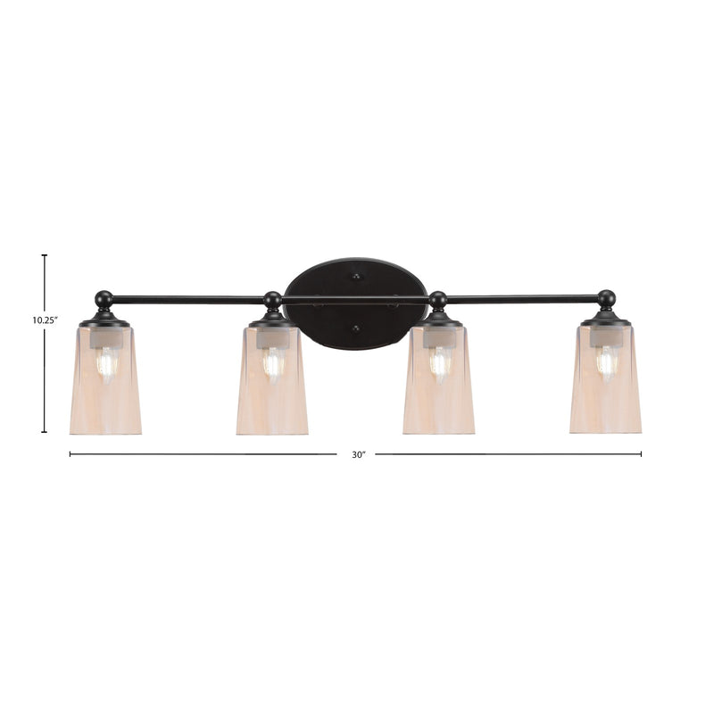 Toltec Capri 4-Light Bath Bar | Modern Matte Black and Amber Gradient Glass | Bathroom Vanity & Powder Room | 7.5 x 10.25 in | Model 5914-MB-263