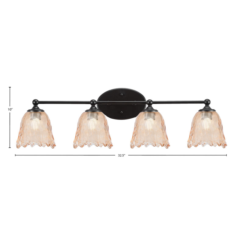 Toltec Capri 4-Light Bath Bar | Modern Matte Black Steel and Amber Lava Glass | Bathroom Vanity Light | 8.75 x 8.75 x 10 in | Model 5914-MB-4233