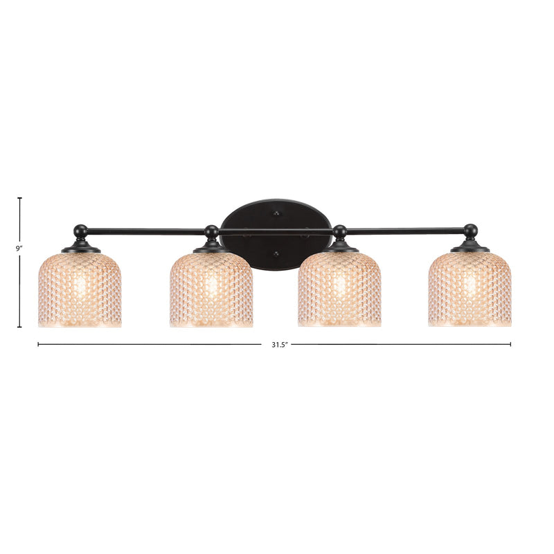 Toltec Capri 31.5in 4-Light Bath Bar | Modern Matte Black Steel and Amber Textured Glass | Large Bathroom Vanity Light | 31.5 x 9 x 8.25 in | Model 5914-MB-4613