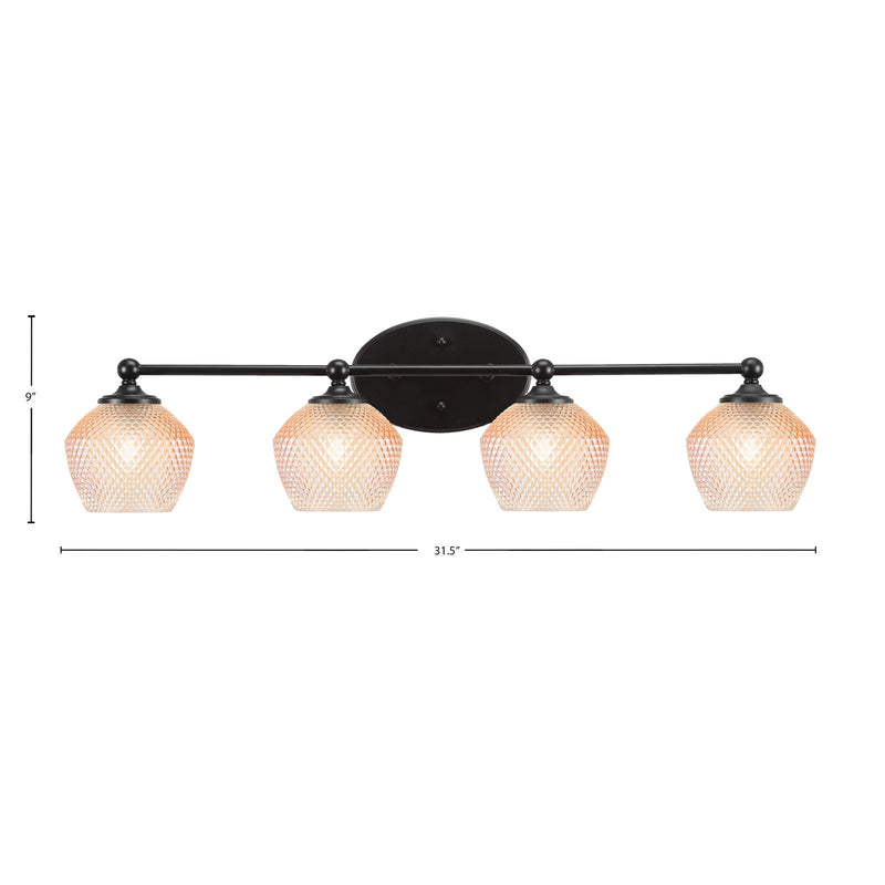 Toltec Capri 31.5in 4-Light Bath Bar | Modern Matte Black Steel and Amber Textured Glass | Bathroom Vanity Lighting | 31.5 x 9 x 8.25 in | Model 5914-MB-4623