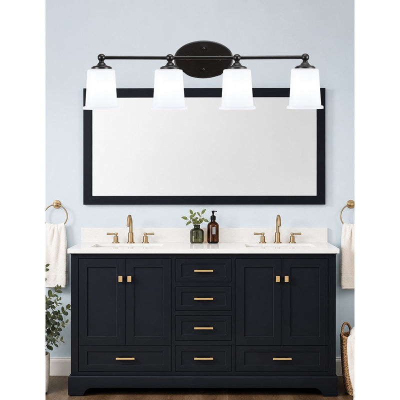 Toltec Capri 4-Light Bath Bar | Modern Matte Black and White Opal Glass | Bathroom Vanity & Powder Room | 8.25 x 9.25 in | Model 5914-MB-5031