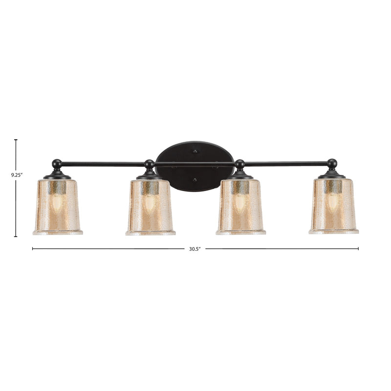 Toltec Capri 4-Light Bath Bar | Modern Matte Black Steel and Amber Bubble Glass | Bathroom Vanity Light | 8.25 x 8.25 x 9.25 in | Model 5914-MB-5033