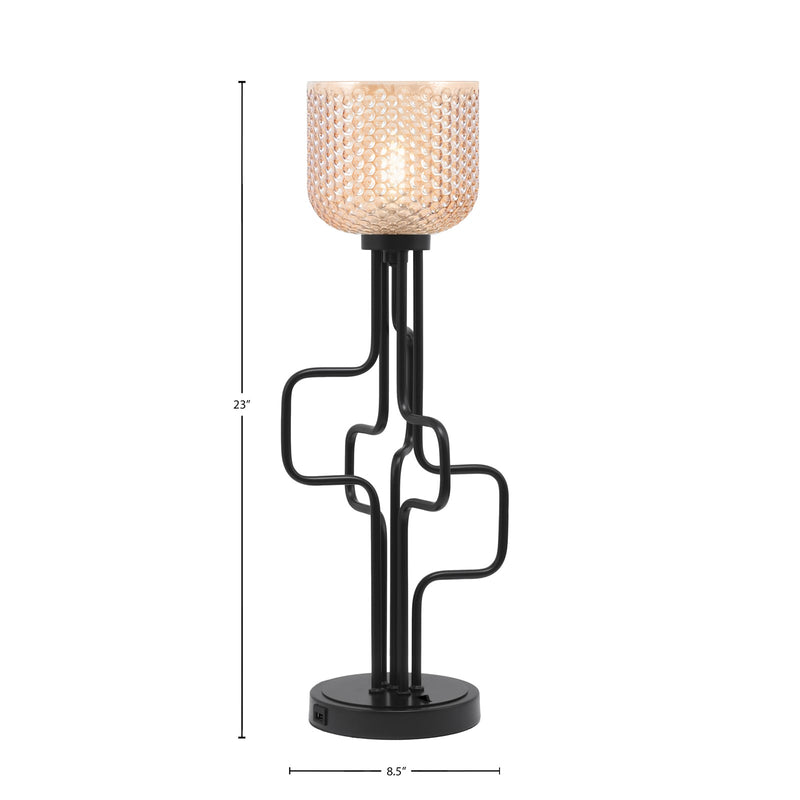 Toltec Sandia 1-Light Accent Lamp with USB Ports | Modern Matte Black Steel and Amber Textured Glass | Bedroom & Desk Side Table | 8.5 x 23 in | Model 62-MB-4613