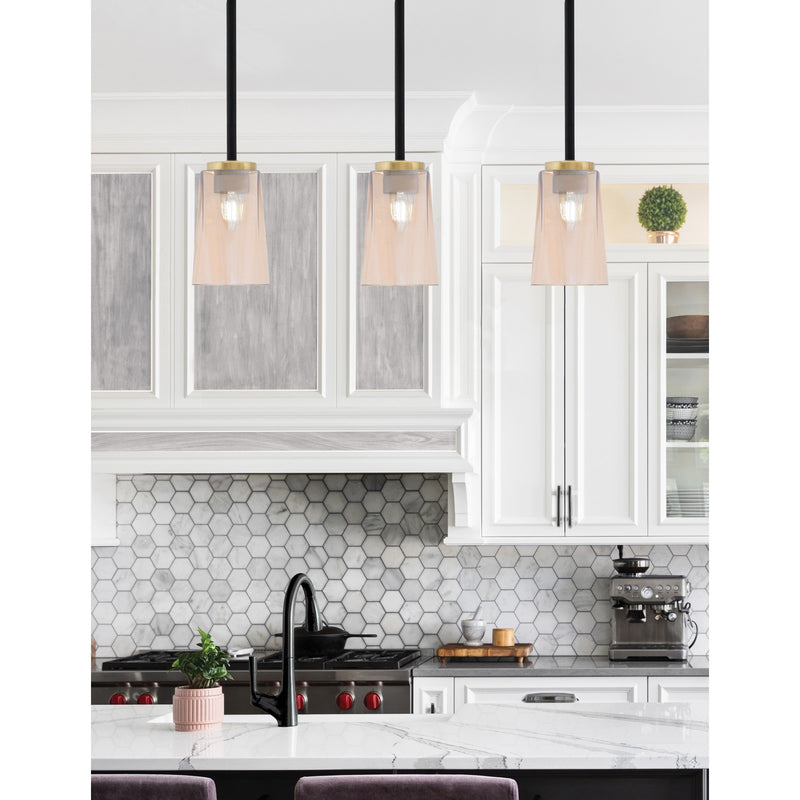 Toltec Sandia 5in 1-Light Mini Pendant | Matte Black and New Age Brass with Amber Gradient Glass | Kitchen Island & Dining | Model 6201-MBNAB-263