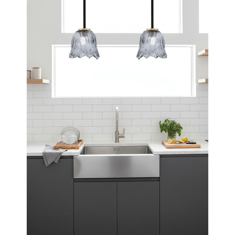 Toltec Sandia 7in 1-Light Mini Pendant | Matte Black and New Age Brass with Smoke Lava Glass | Kitchen Island & Dining Room | Model 6201-MBNAB-4232