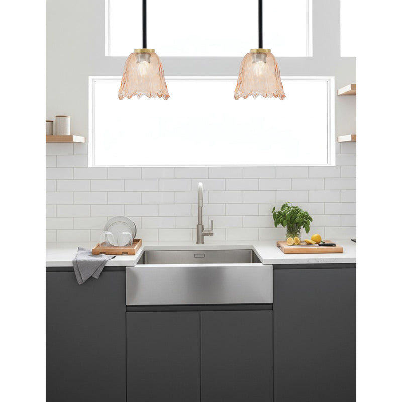 Toltec Sandia 7in 1-Light Mini Pendant | Matte Black and New Age Brass with Amber Lava Glass | Kitchen Island & Dining Room | Model 6201-MBNAB-4233