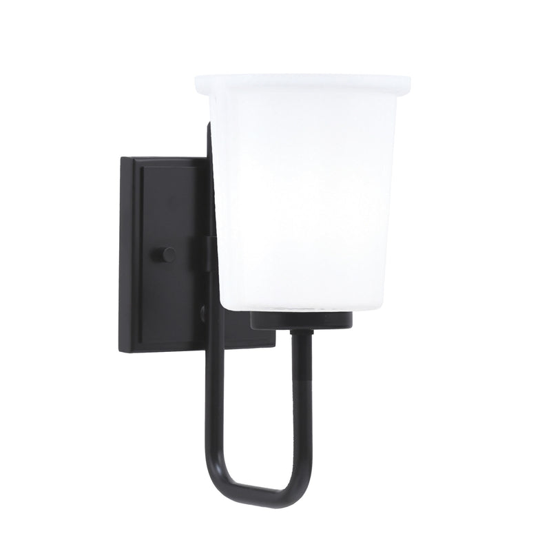 Toltec Sandia 1-Light Wall Sconce | Modern Matte Black and White Opal Glass | Bathroom & Hallway | 5 x 7.5 x 10.5 in | Model 6221-MB-5031