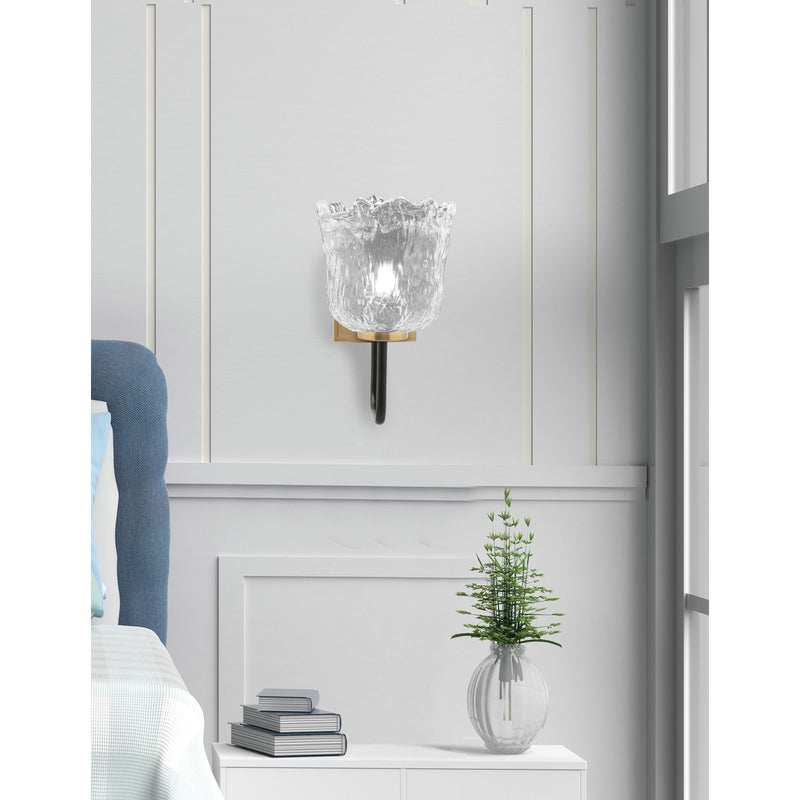 Toltec Sandia 11in 1-Light Wall Sconce | Modern Matte Black and New Age Brass Clear Lava Glass | Bedroom & Hallway | Model 6221-MBNAB-4230