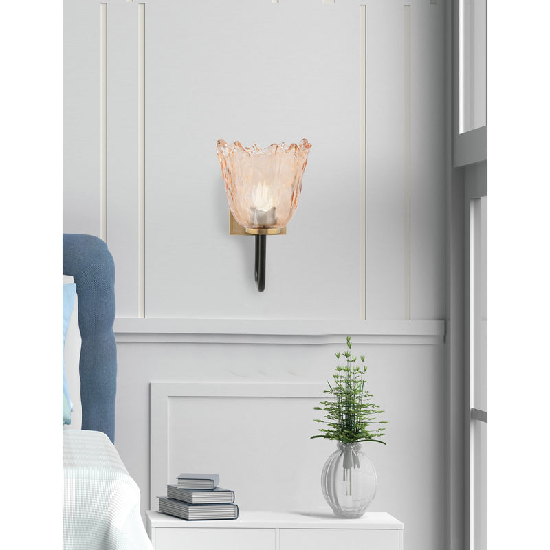 Toltec Sandia 11in 1-Light Wall Sconce | Modern Matte Black and New Age Brass Amber Lava Glass | Bedroom & Hallway Accent | Model 6221-MBNAB-4233