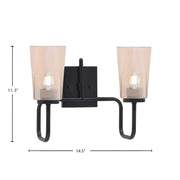Toltec Sandia 2-Light Bath Bar | Modern Matte Black Steel and Amber Gradient Glass | Bathroom Vanity & Powder Room | 7.25 x 11.5 in | Model 6222-MB-263