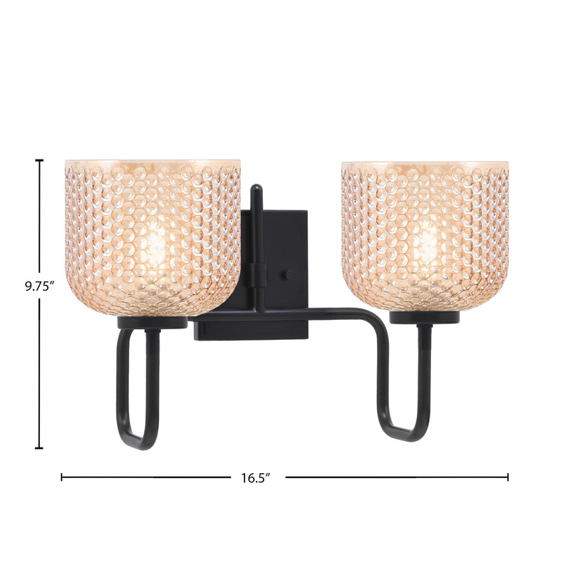 Toltec Sandia 16.5in 2-Light Bath Bar | Modern Matte Black Steel and Amber Textured Glass | Bathroom Vanity | 16.5 x 9.75 x 7.75 in | Model 6222-MB-4613