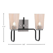 Toltec Sandia 2-Light Bath Bar | Industrial Matte Black & Graphite Steel and Amber Gradient Glass | Bathroom Vanity & Powder Room | 7.25 x 11.5 in | Model 6222-MBGP-263