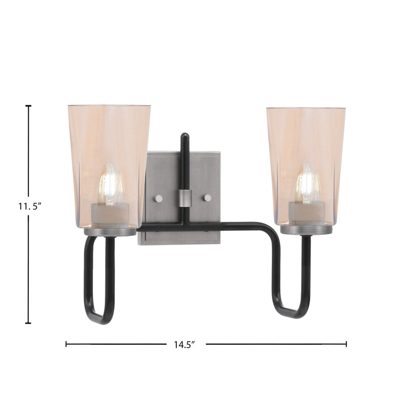 Toltec Sandia 2-Light Bath Bar | Industrial Matte Black & Graphite Steel and Amber Gradient Glass | Bathroom Vanity & Powder Room | 7.25 x 11.5 in | Model 6222-MBGP-263