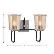 Toltec Sandia 2-Light Bath Bar | Matte Black & Graphite Steel and Amber Bubble Glass | Bathroom Vanity & Powder Room | 7.5 x 10.5 in | Model 6222-MBGP-5033