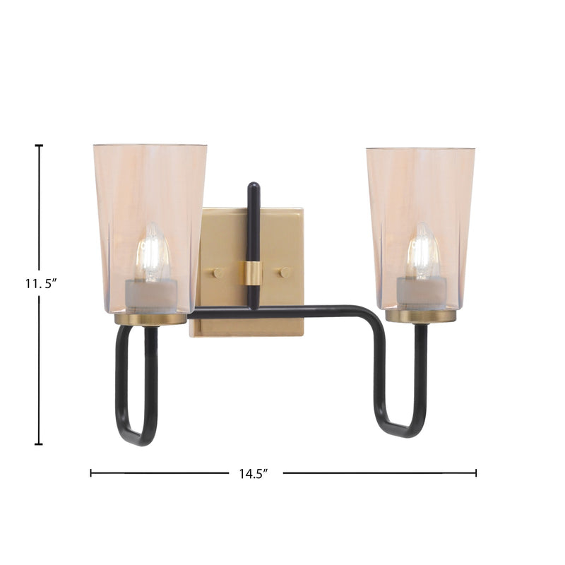 Toltec Sandia 2-Light Bath Bar | Matte Black & New Age Brass with Amber Gradient Glass | Bathroom Vanity & Powder Room | 7.25 x 11.5 in | Model 6222-MBNAB-263