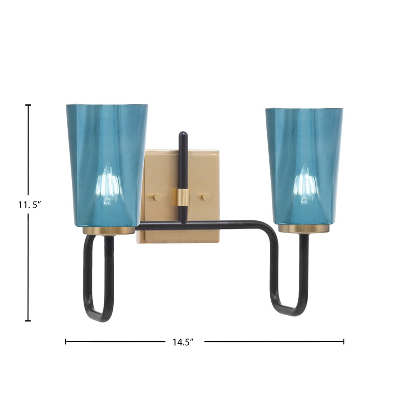 Toltec Sandia 2-Light Bath Bar | Matte Black & New Age Brass with Blue Gradient Glass | Bathroom Vanity & Powder Room | 7.25 x 11.5 in | Model 6222-MBNAB-265