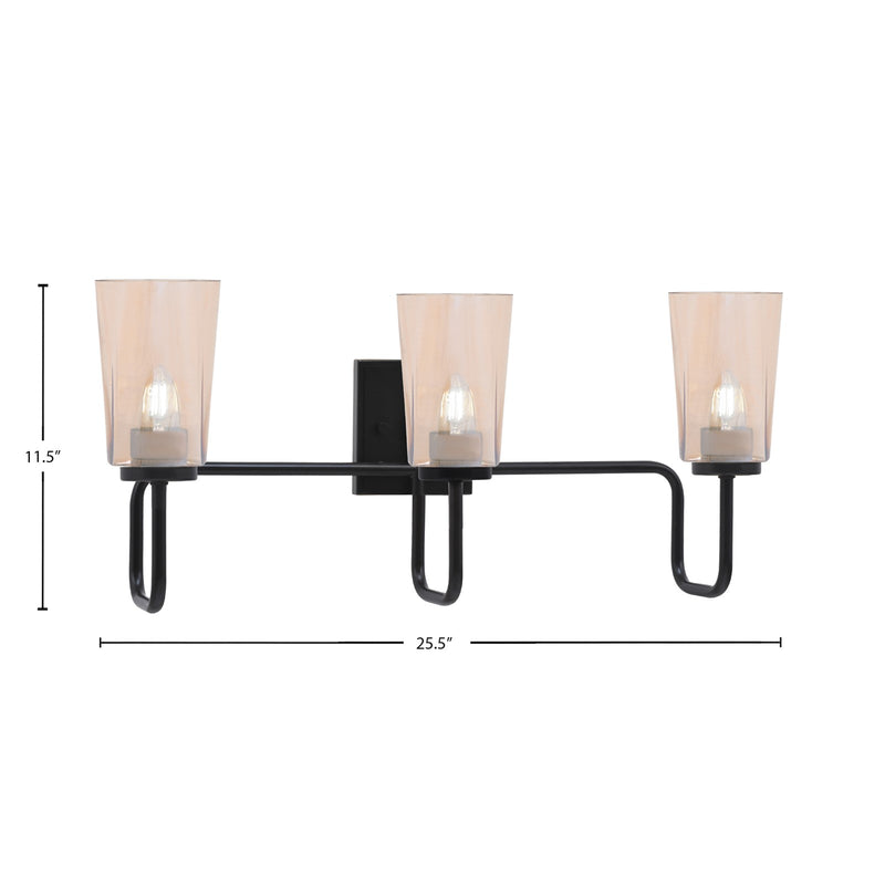 Toltec Sandia 3-Light Bath Bar | Modern Matte Black and Amber Gradient Glass | Bathroom & Powder Room Vanity Light | 7.25 x 11.5 in | Model 6223-MB-263